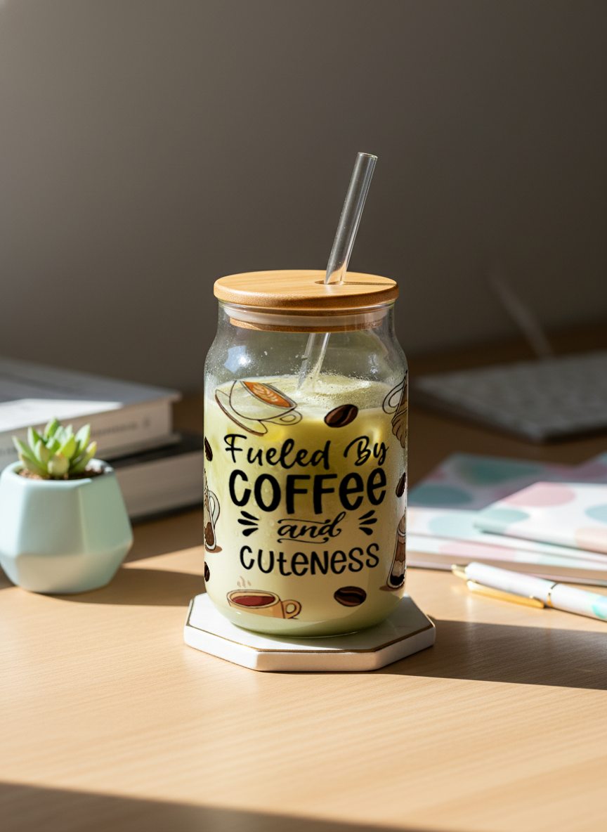 Can Shaped Sipper 500ml| Fueled by Coffee and Cuteness Print | 18oz Can Tumbler with lid and straw 1219 Avenue India