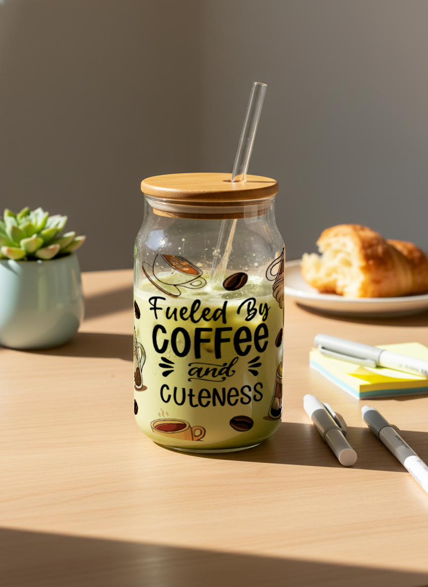 Can Shaped Sipper 500ml| Fueled by Coffee and Cuteness Print | 18oz Can Tumbler with lid and straw 1219 Avenue India