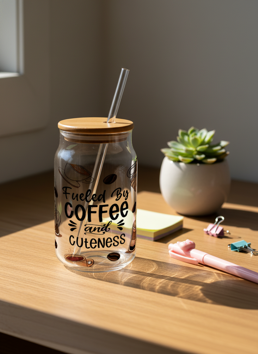 Can Shaped Sipper 500ml| Fueled by Coffee and Cuteness Print | 18oz Can Tumbler with lid and straw 1219 Avenue India
