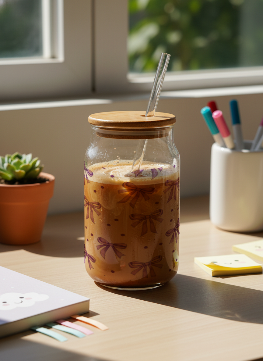 Can Shaped Sipper 500ml| Latte Bows Print | 18oz Can Tumbler with lid, straw 1219 Avenue India