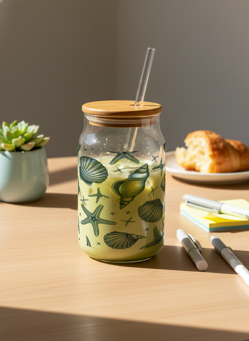 Can Shaped Sipper 500ml| Seaside Calm Print | 18oz Can Tumbler with lid, straw 1219 Avenue India