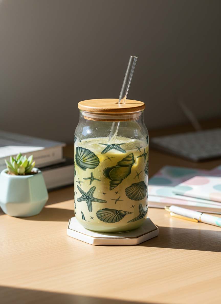 Can Shaped Sipper 500ml| Seaside Calm Print | 18oz Can Tumbler with lid, straw 1219 Avenue India