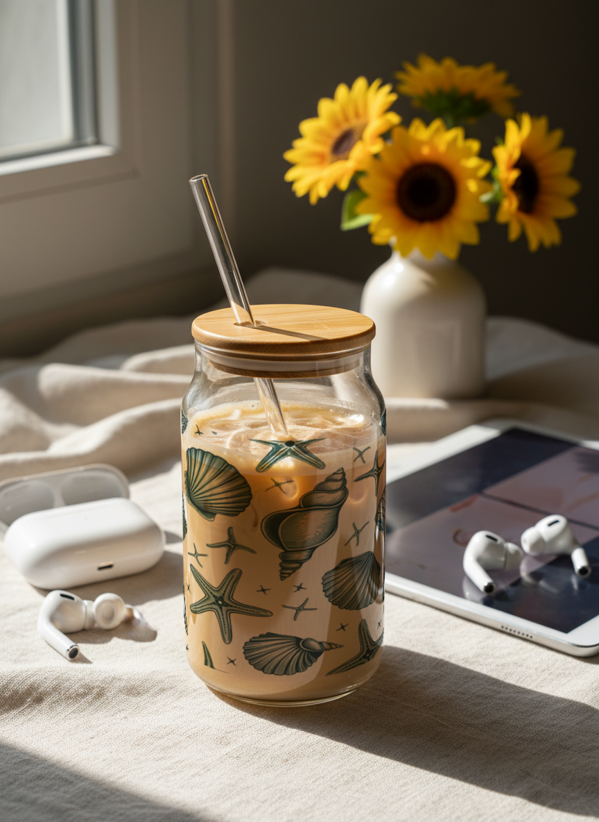 Can Shaped Sipper 500ml| Seaside Calm Print | 18oz Can Tumbler with lid, straw 1219 Avenue India