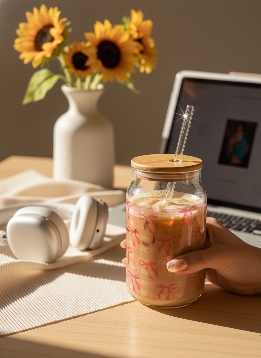 Can Shaped Sipper 500ml| Sweet Cottage Bows Print | 18oz Can Tumbler with lid, straw 1219 Avenue India