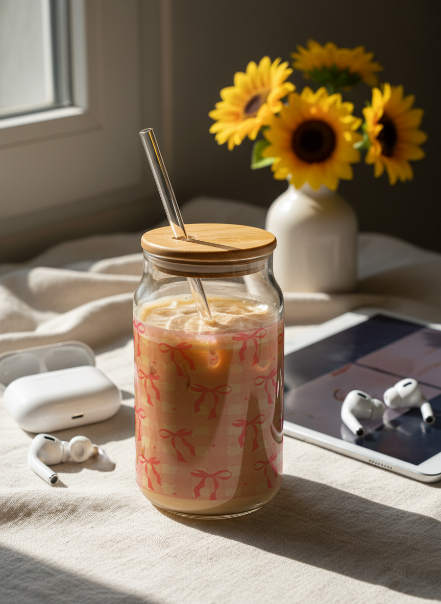 Can Shaped Sipper 500ml| Sweet Cottage Bows Print | 18oz Can Tumbler with lid, straw 1219 Avenue India