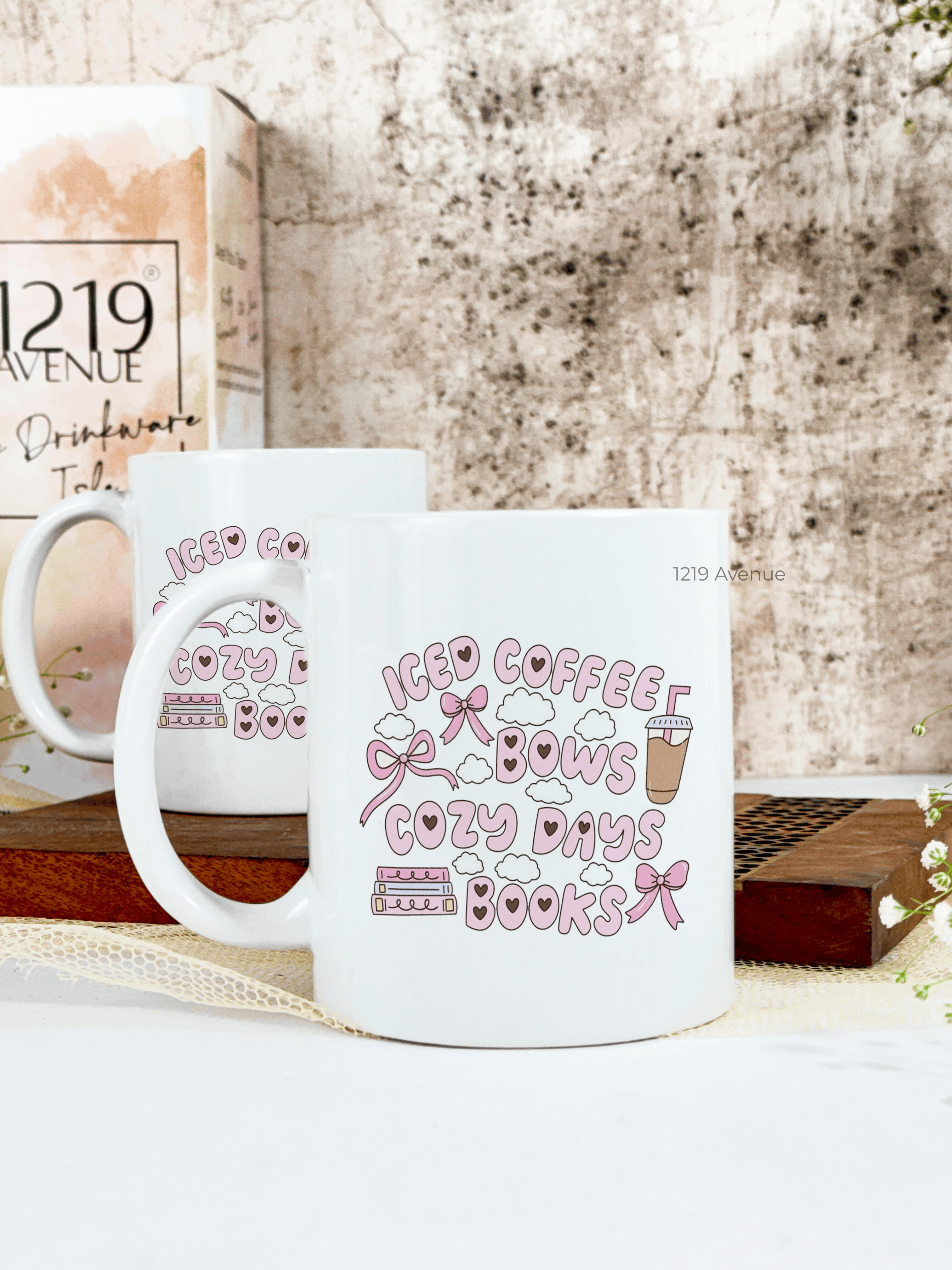 Ceramic White Mug 350ml | Iced Coffee & Bows | Pocket Picks Mugs 1219 Avenue