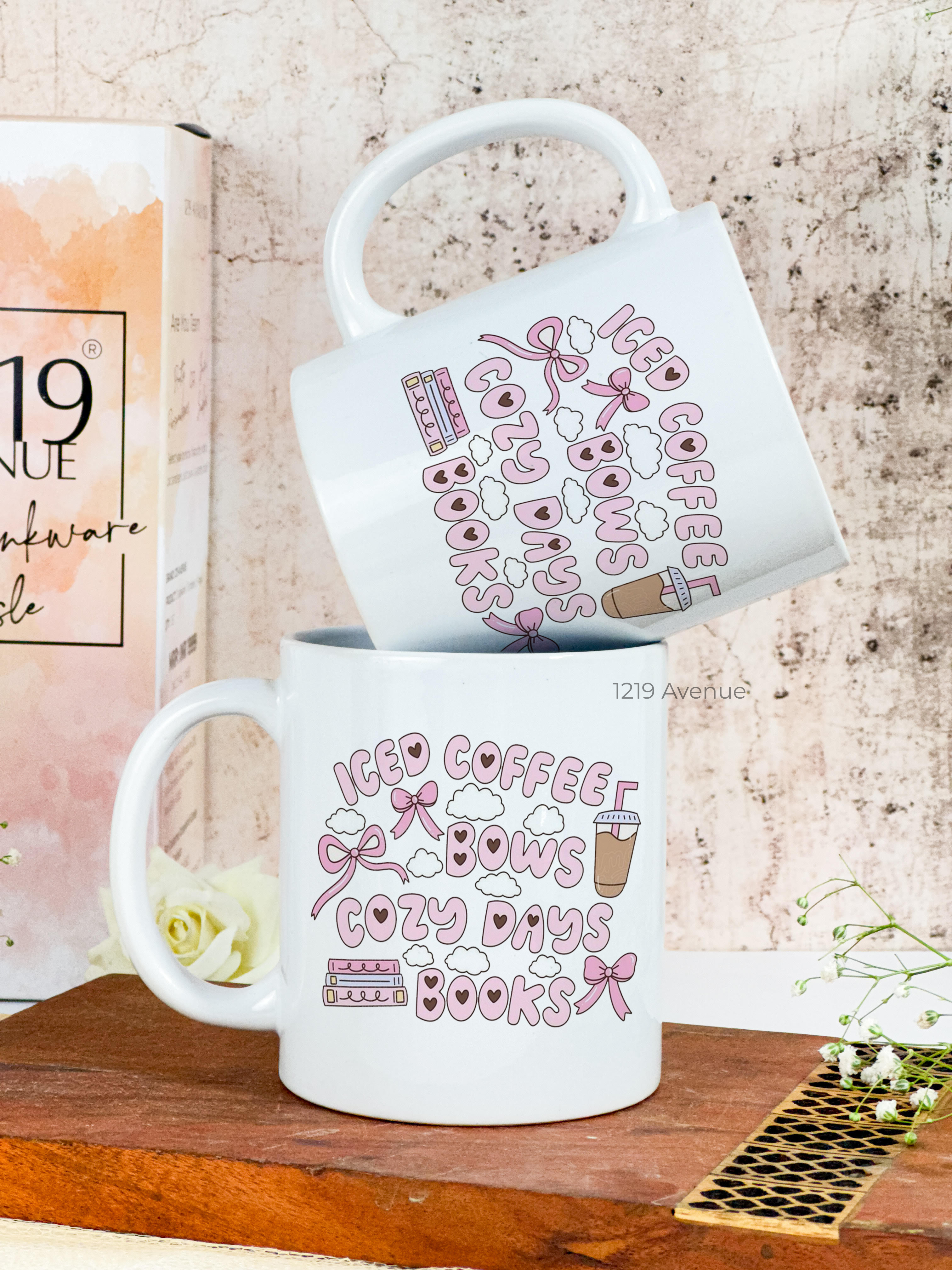 Ceramic White Mug 350ml | Iced Coffee & Bows | Pocket Picks Mugs 1219 Avenue