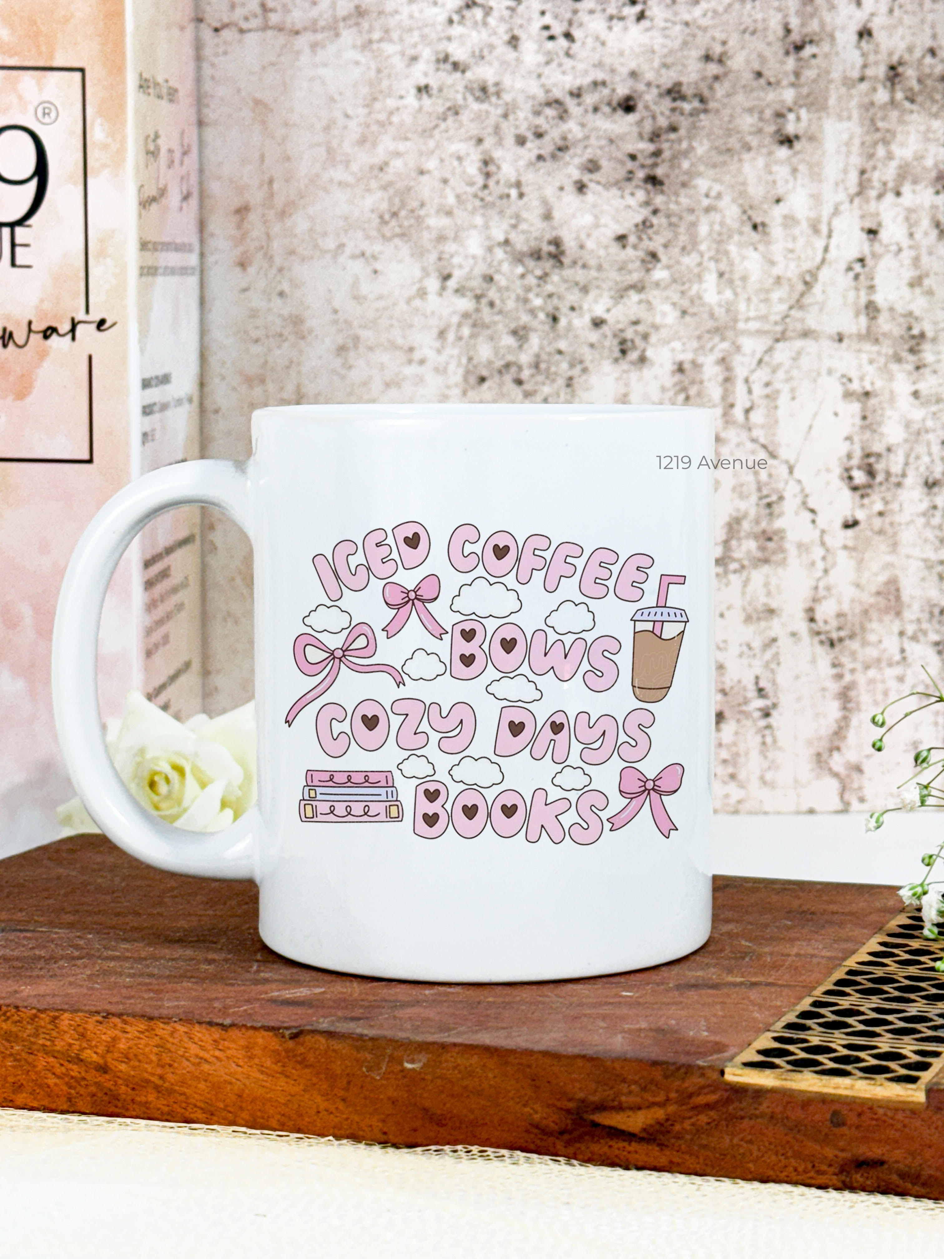 Ceramic White Mug 350ml | Iced Coffee & Bows | Pocket Picks Mugs 1219 Avenue