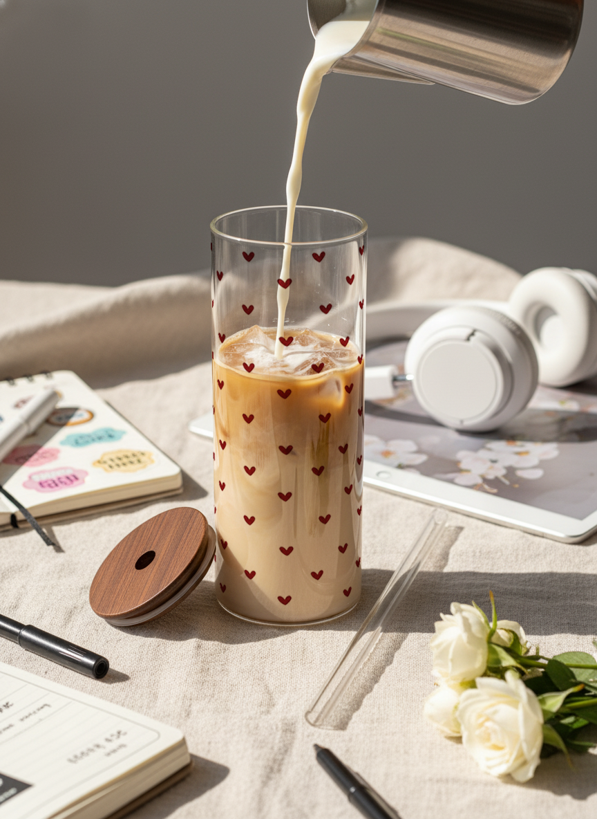 Clear Grande Sipper 650ml| Benji Hearts Print| 650ml Coffee Tumbler with Straw and Lid 1219 Avenue India