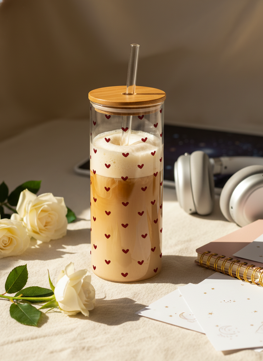 Clear Grande Sipper 650ml| Benji Hearts Print| 650ml Coffee Tumbler with Straw and Lid 1219 Avenue India