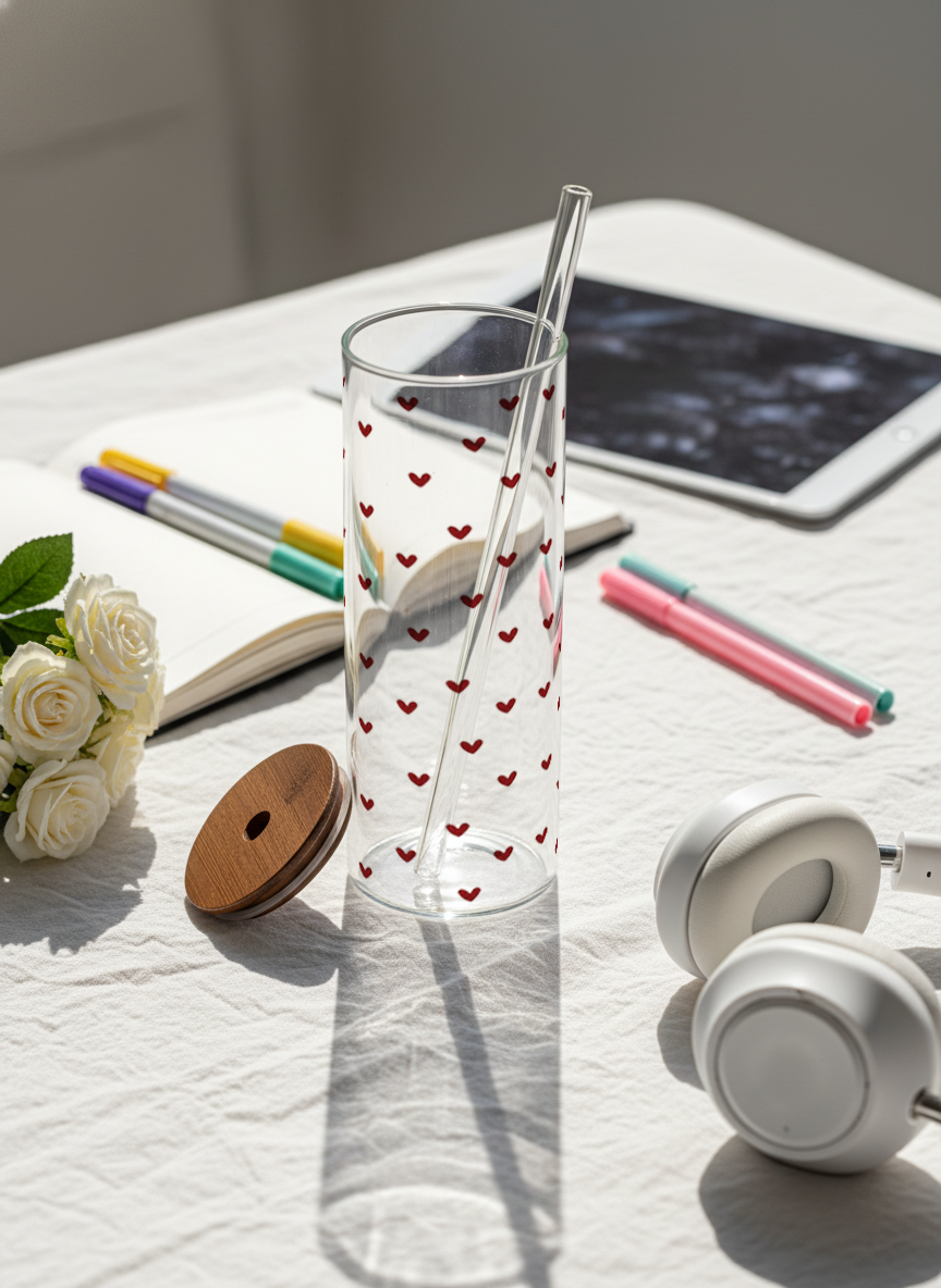 Clear Grande Sipper 650ml| Benji Hearts Print| 650ml Coffee Tumbler with Straw and Lid 1219 Avenue India