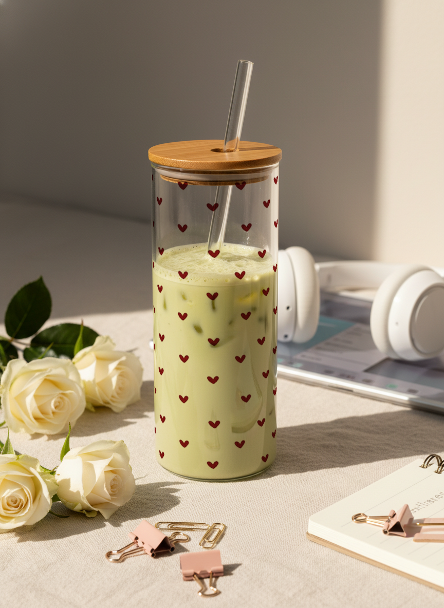 Clear Grande Sipper 650ml| Benji Hearts Print| 650ml Coffee Tumbler with Straw and Lid 1219 Avenue India