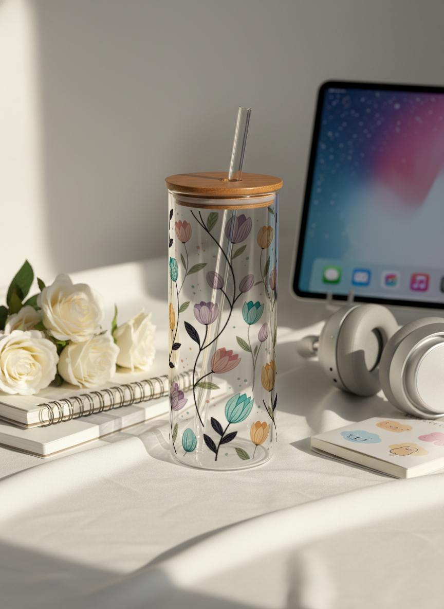 Clear Grande Sipper 650ml| Bloomscape Print| 600ml Coffee Tumbler with Straw and Lid 1219 Avenue India