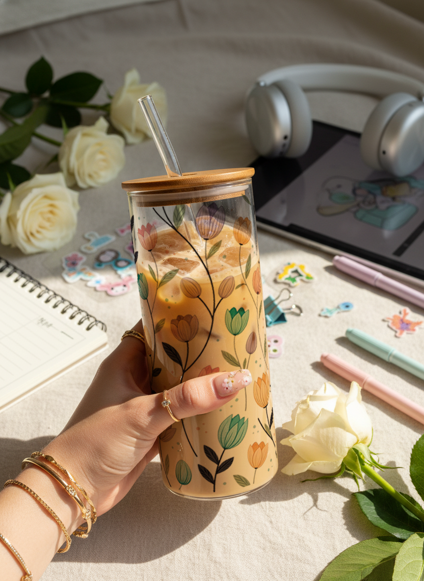 Clear Grande Sipper 650ml| Bloomscape Print| 600ml Coffee Tumbler with Straw and Lid 1219 Avenue India