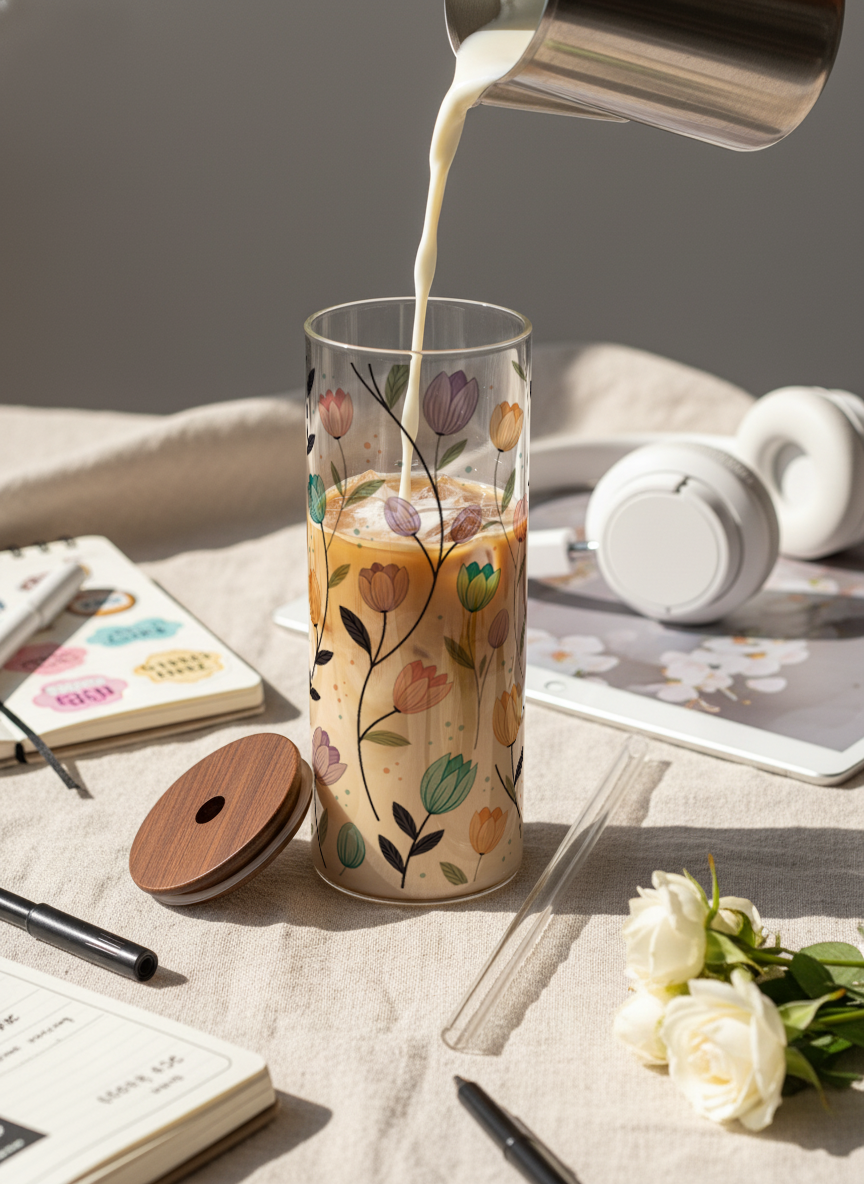 Clear Grande Sipper 650ml| Bloomscape Print| 600ml Coffee Tumbler with Straw and Lid 1219 Avenue India