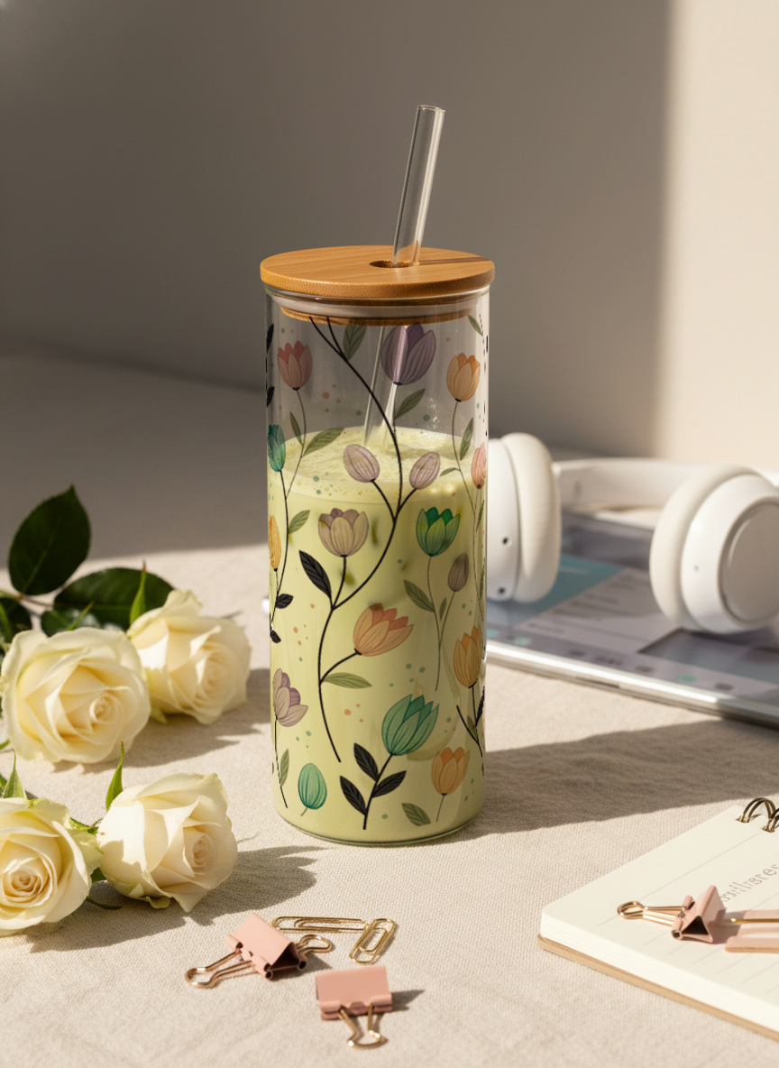 Clear Grande Sipper 650ml| Bloomscape Print| 600ml Coffee Tumbler with Straw and Lid 1219 Avenue India