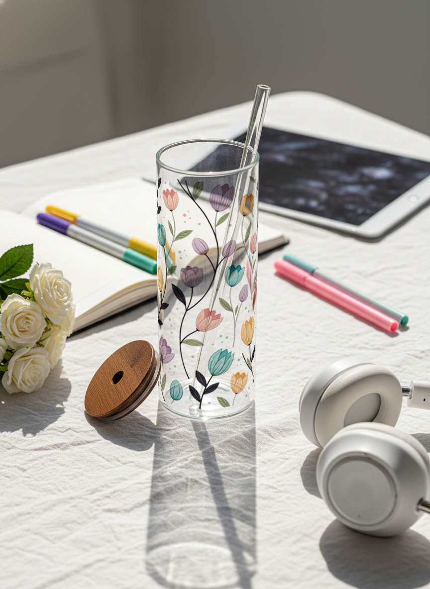 Clear Grande Sipper 650ml| Bloomscape Print| 600ml Coffee Tumbler with Straw and Lid 1219 Avenue India