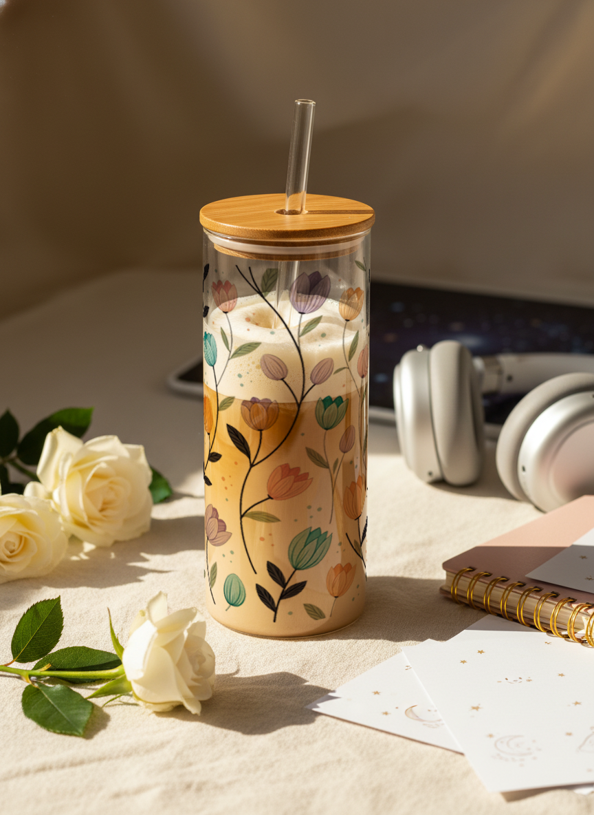 Clear Grande Sipper 650ml| Bloomscape Print| 600ml Coffee Tumbler with Straw and Lid 1219 Avenue India