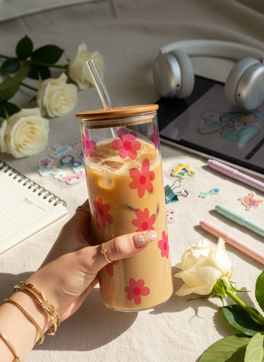 Clear Grande Sipper 650ml| Blossom Flowers Print| 650ml Coffee Tumbler with Straw and Lid 1219 Avenue India