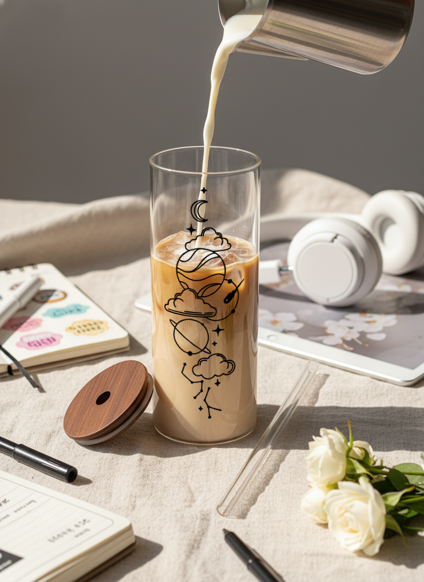 Clear Grande Sipper 650ml| Celestial Print| 650ml Coffee Tumbler with Straw and Lid 1219 Avenue India