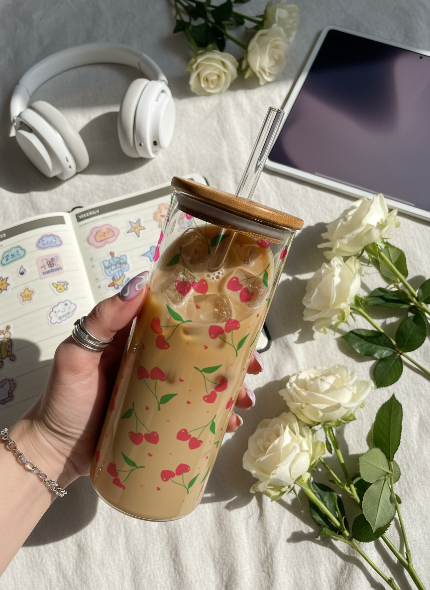 Clear Grande Sipper 650ml|Cherry Pop Print| 600ml Coffee Tumbler with Straw and Lid 1219 Avenue India