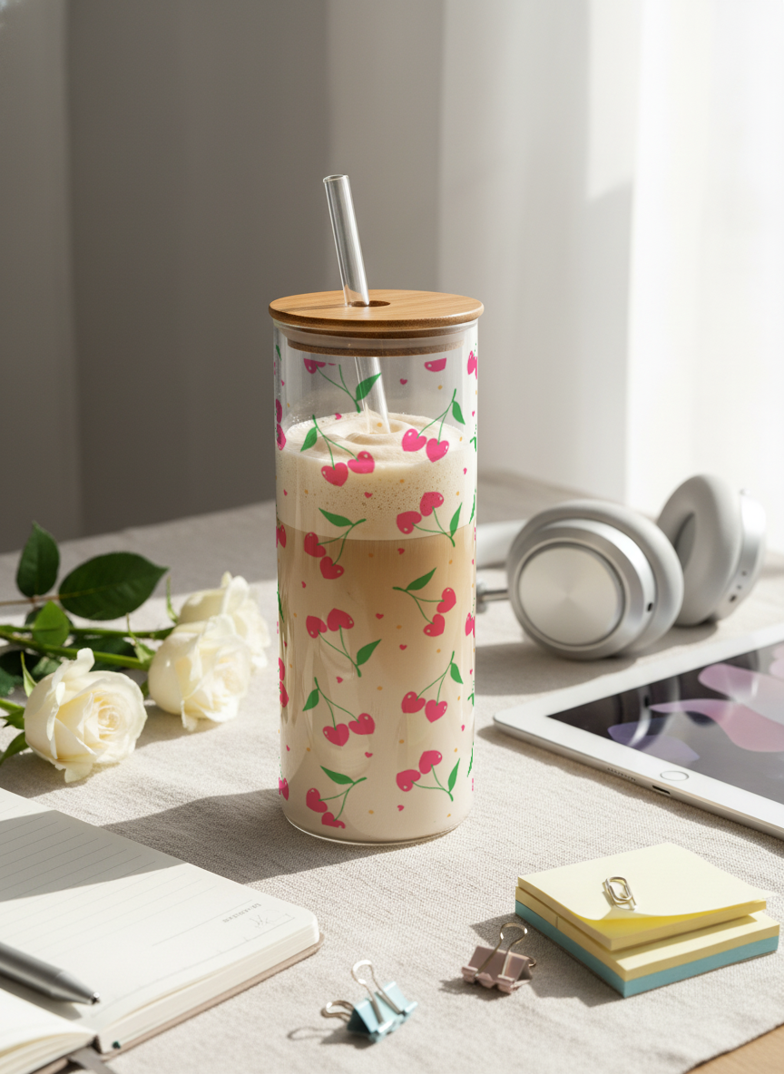 Clear Grande Sipper 650ml|Cherry Pop Print| 600ml Coffee Tumbler with Straw and Lid 1219 Avenue India