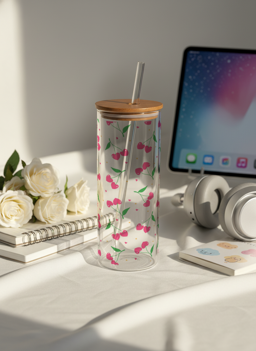 Clear Grande Sipper 650ml|Cherry Pop Print| 600ml Coffee Tumbler with Straw and Lid 1219 Avenue India
