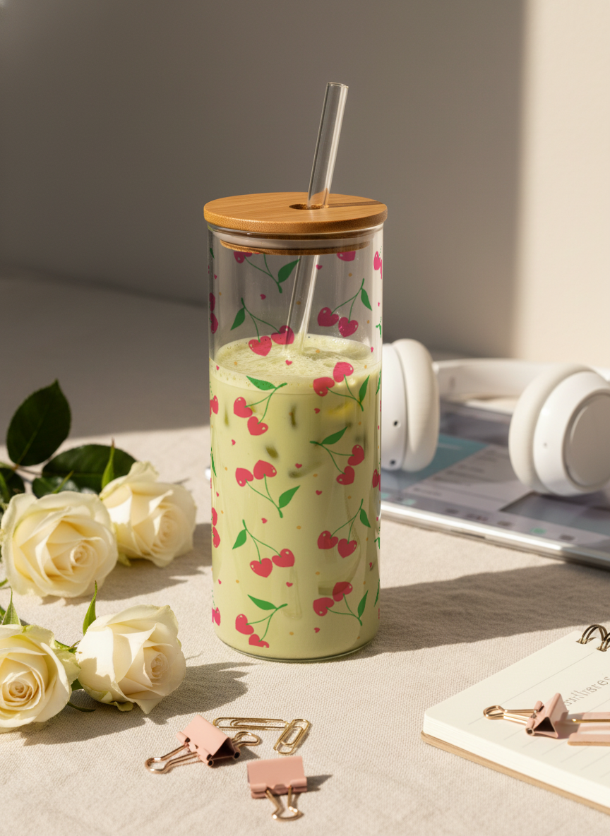 Clear Grande Sipper 650ml|Cherry Pop Print| 600ml Coffee Tumbler with Straw and Lid 1219 Avenue India