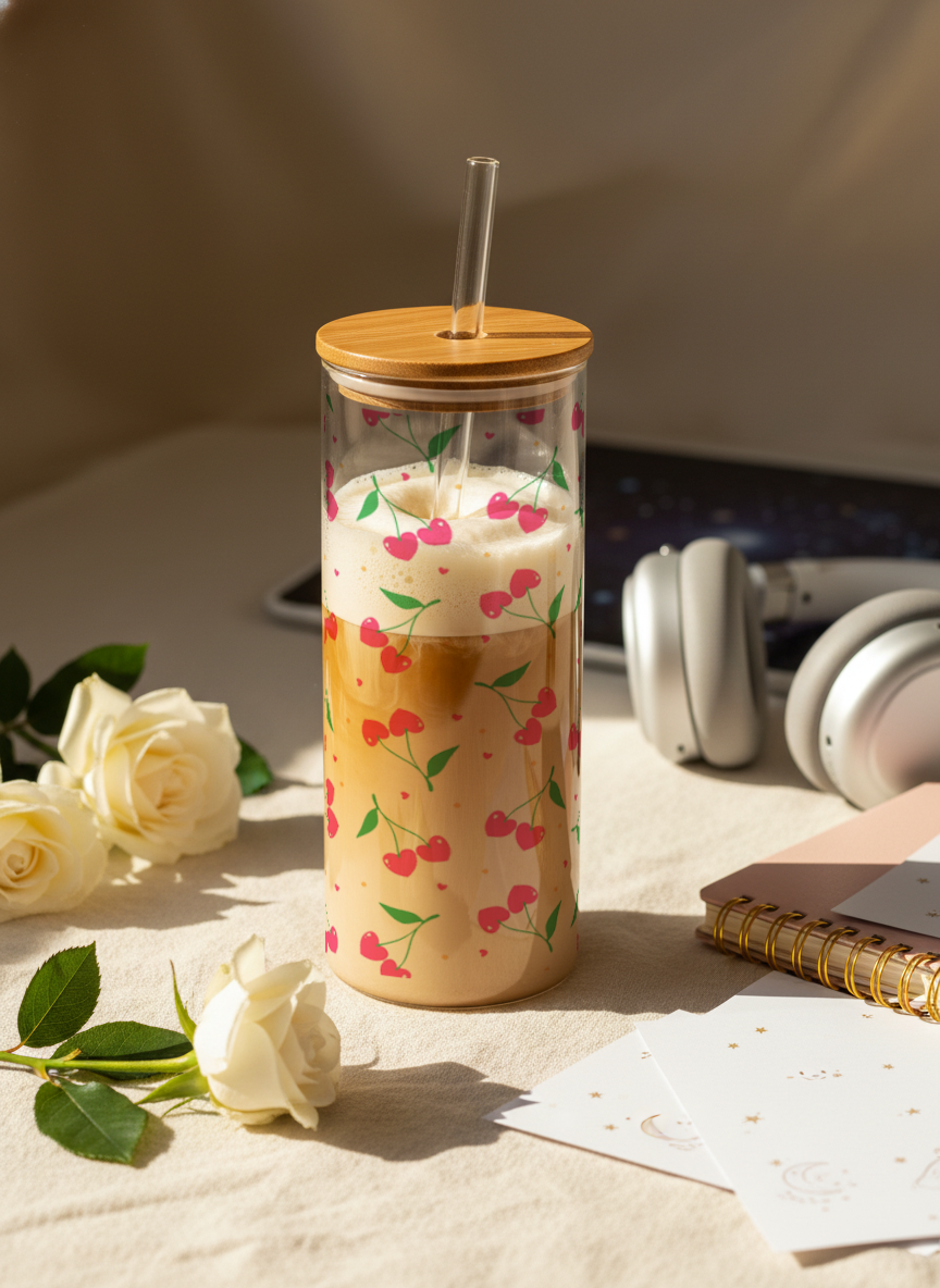 Clear Grande Sipper 650ml|Cherry Pop Print| 600ml Coffee Tumbler with Straw and Lid 1219 Avenue India