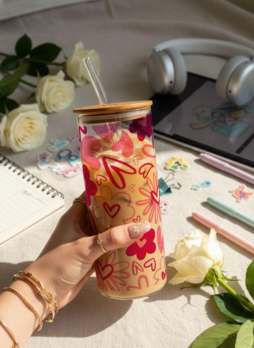 Clear Grande Sipper 650ml|Heart Doodle Print| 600ml Coffee Tumbler with Straw and Lid 1219 Avenue India