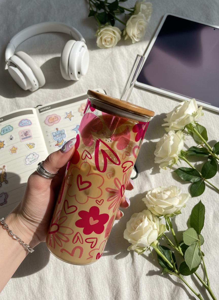 Clear Grande Sipper 650ml|Heart Doodle Print| 600ml Coffee Tumbler with Straw and Lid 1219 Avenue India