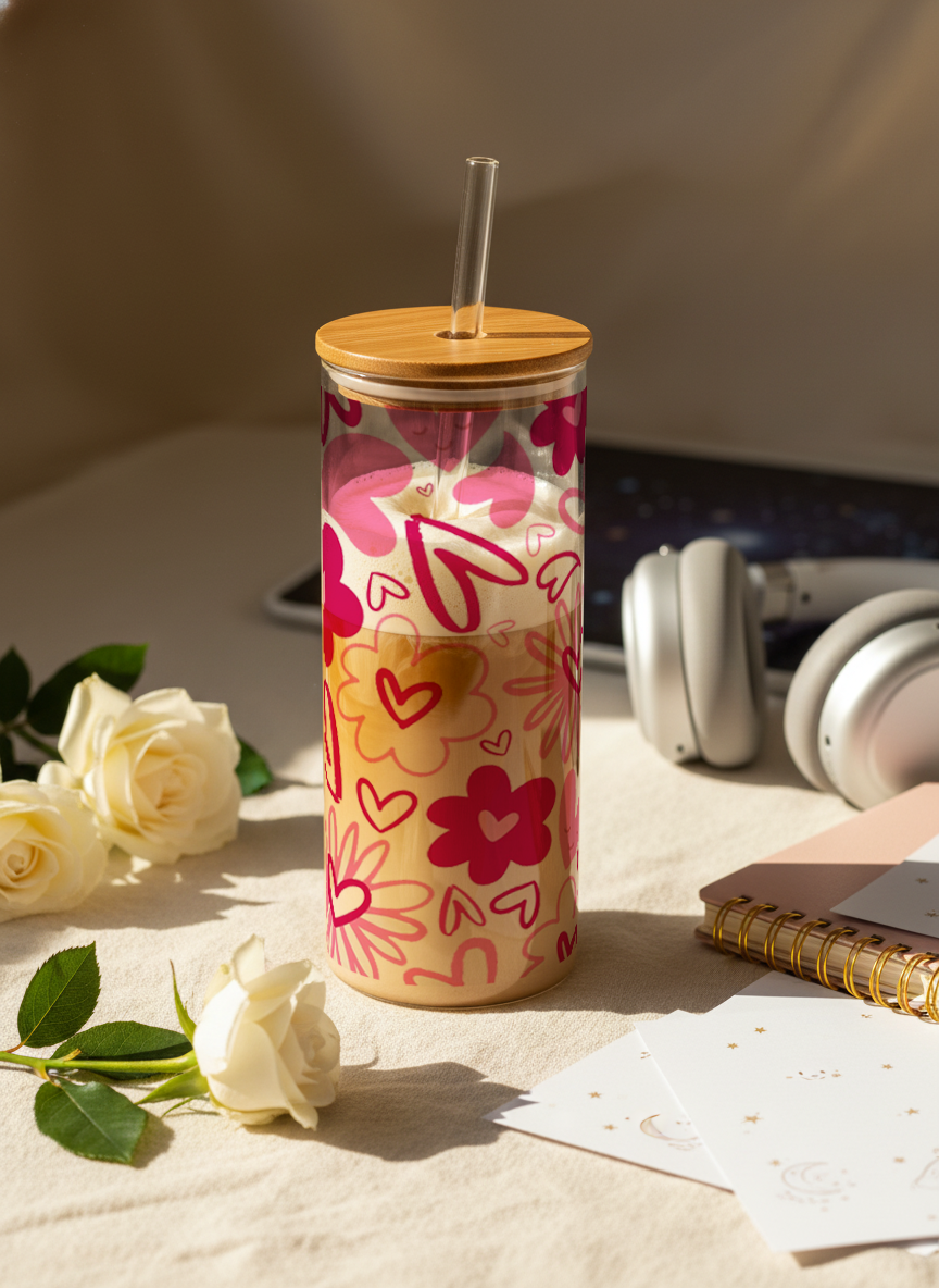 Clear Grande Sipper 650ml|Heart Doodle Print| 600ml Coffee Tumbler with Straw and Lid 1219 Avenue India