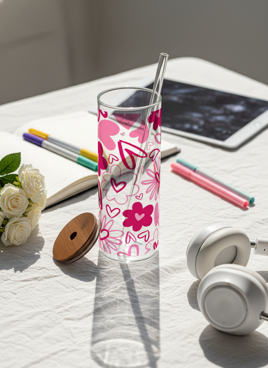 Clear Grande Sipper 650ml|Heart Doodle Print| 600ml Coffee Tumbler with Straw and Lid 1219 Avenue India