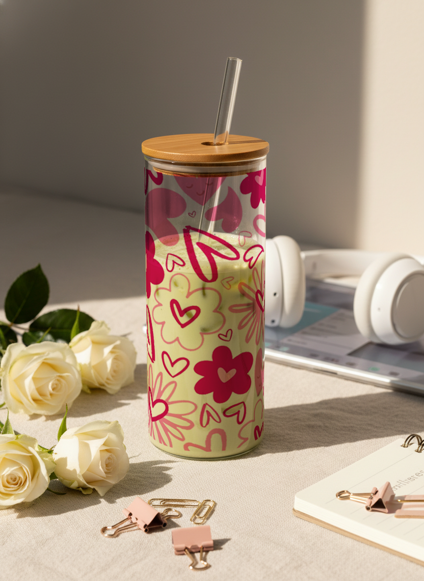 Clear Grande Sipper 650ml|Heart Doodle Print| 600ml Coffee Tumbler with Straw and Lid 1219 Avenue India