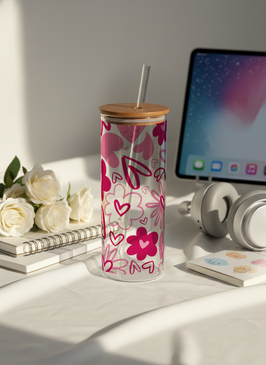 Clear Grande Sipper 650ml|Heart Doodle Print| 600ml Coffee Tumbler with Straw and Lid 1219 Avenue India