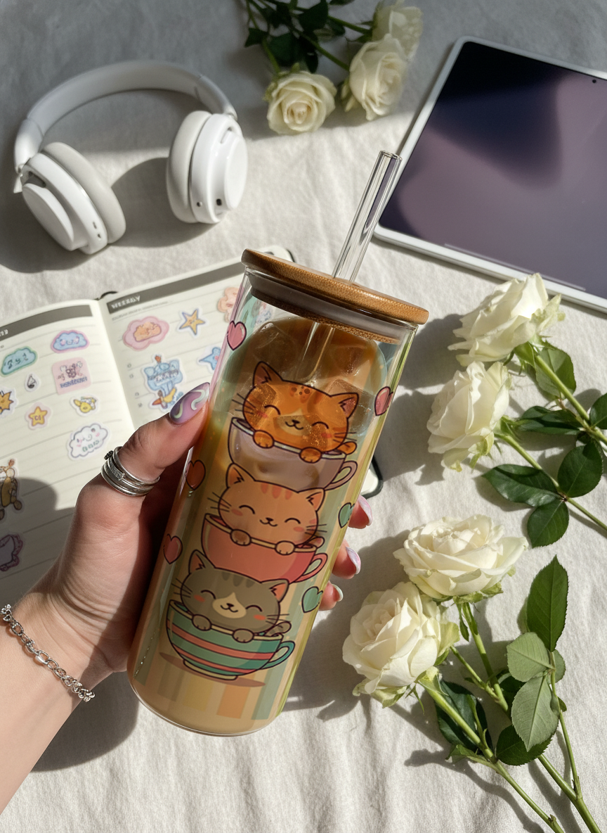 Clear Grande Sipper 650ml| Purr And Pour Print| 600ml Coffee Tumbler with Straw and Lid 1219 Avenue India