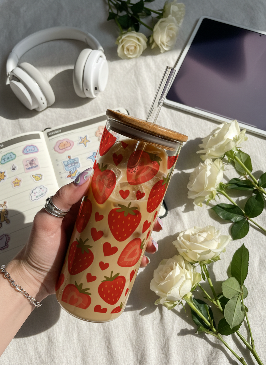Clear Grande Sipper 650ml| Strawberry Burst Print| 600ml Coffee Tumbler with Straw and Lid 1219 Avenue India