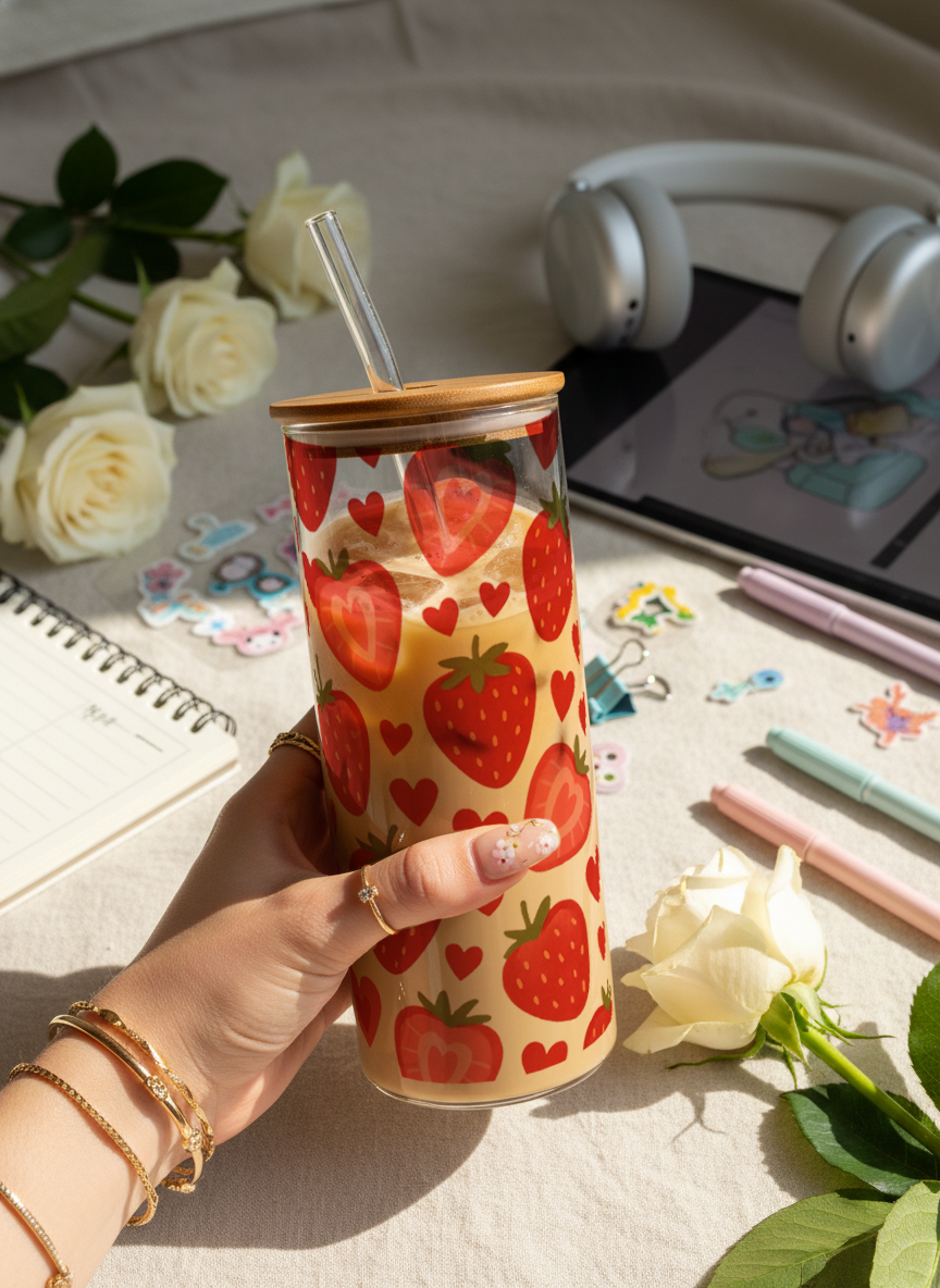 Clear Grande Sipper 650ml| Strawberry Burst Print| 600ml Coffee Tumbler with Straw and Lid 1219 Avenue India