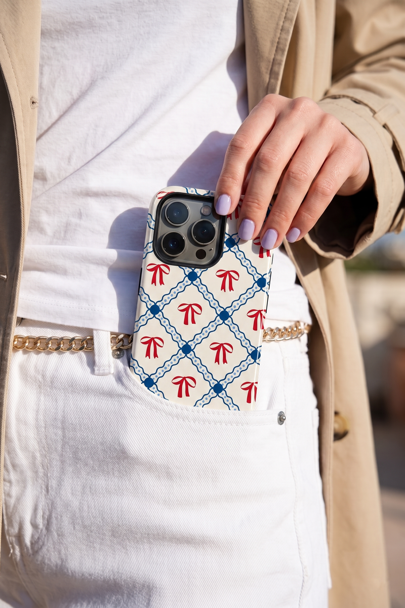 Cloud Skin Case for iPhone 14 to 17 Series| Signature Bow Motif Print | Premium 3D Hard Shell Cover 1219 Avenue