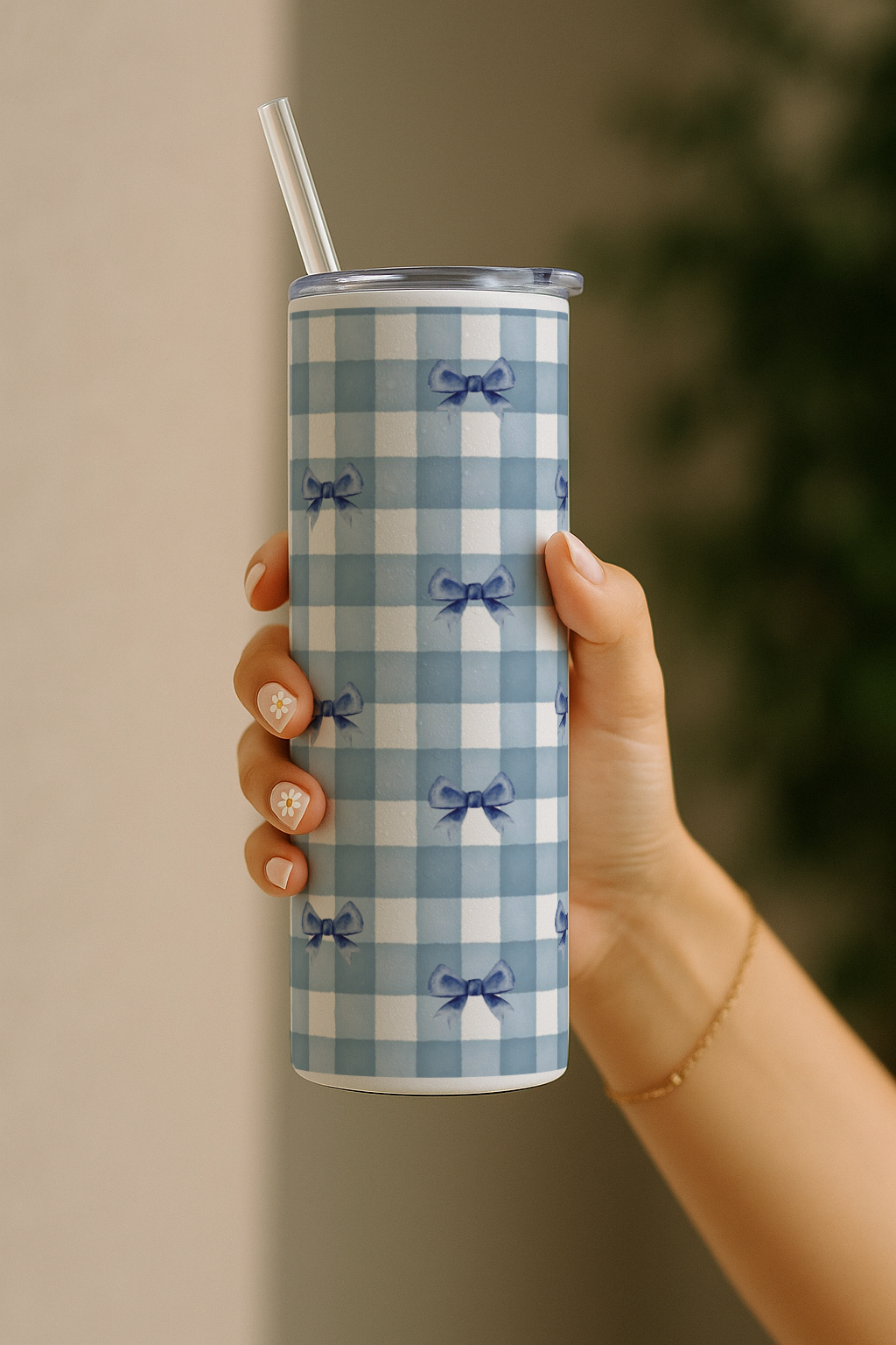 Colossal Tumbler 700ML with Straw| Blue Ghingham Bows Beauty Print |Double Walled Insulated Tumbler 7-8 hrs 1219 Avenue India