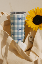 Colossal Tumbler 700ML with Straw| Blue Ghingham Bows Beauty Print |Double Walled Insulated Tumbler 7-8 hrs 1219 Avenue India