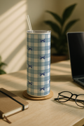 Colossal Tumbler 700ML with Straw| Blue Ghingham Bows Beauty Print |Double Walled Insulated Tumbler 7-8 hrs 1219 Avenue India