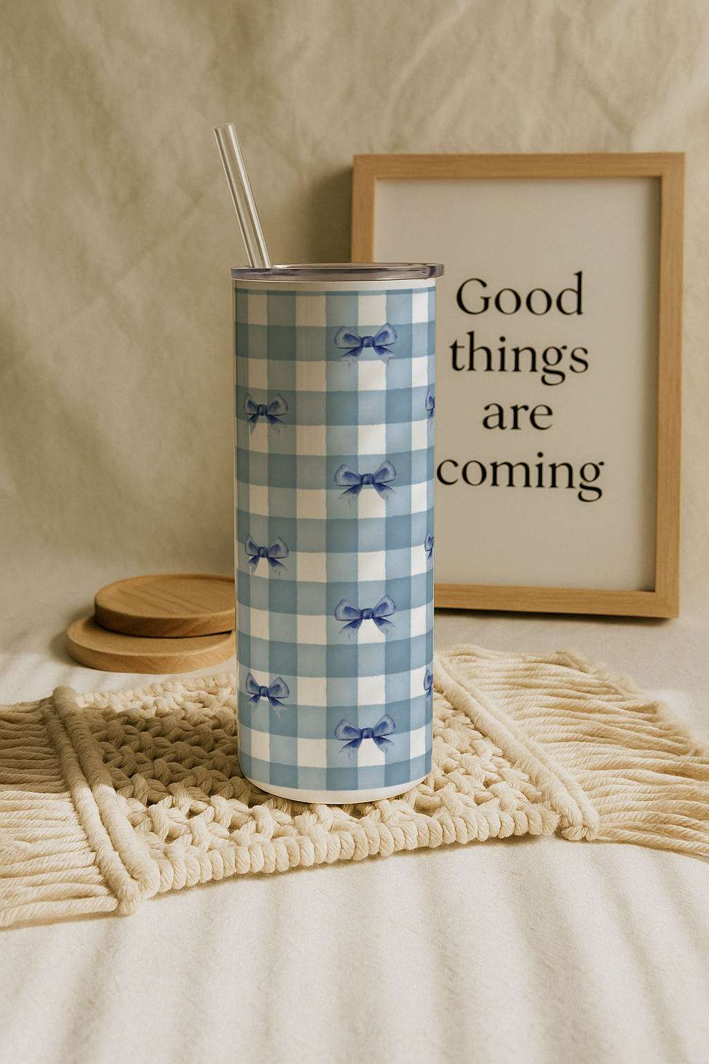 Colossal Tumbler 700ML with Straw| Blue Ghingham Bows Beauty Print |Double Walled Insulated Tumbler 7-8 hrs 1219 Avenue India