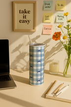 Colossal Tumbler 700ML with Straw| Blue Ghingham Bows Beauty Print |Double Walled Insulated Tumbler 7-8 hrs 1219 Avenue India