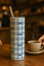Colossal Tumbler 700ML with Straw| Blue Ghingham Bows Beauty Print |Double Walled Insulated Tumbler 7-8 hrs 1219 Avenue India