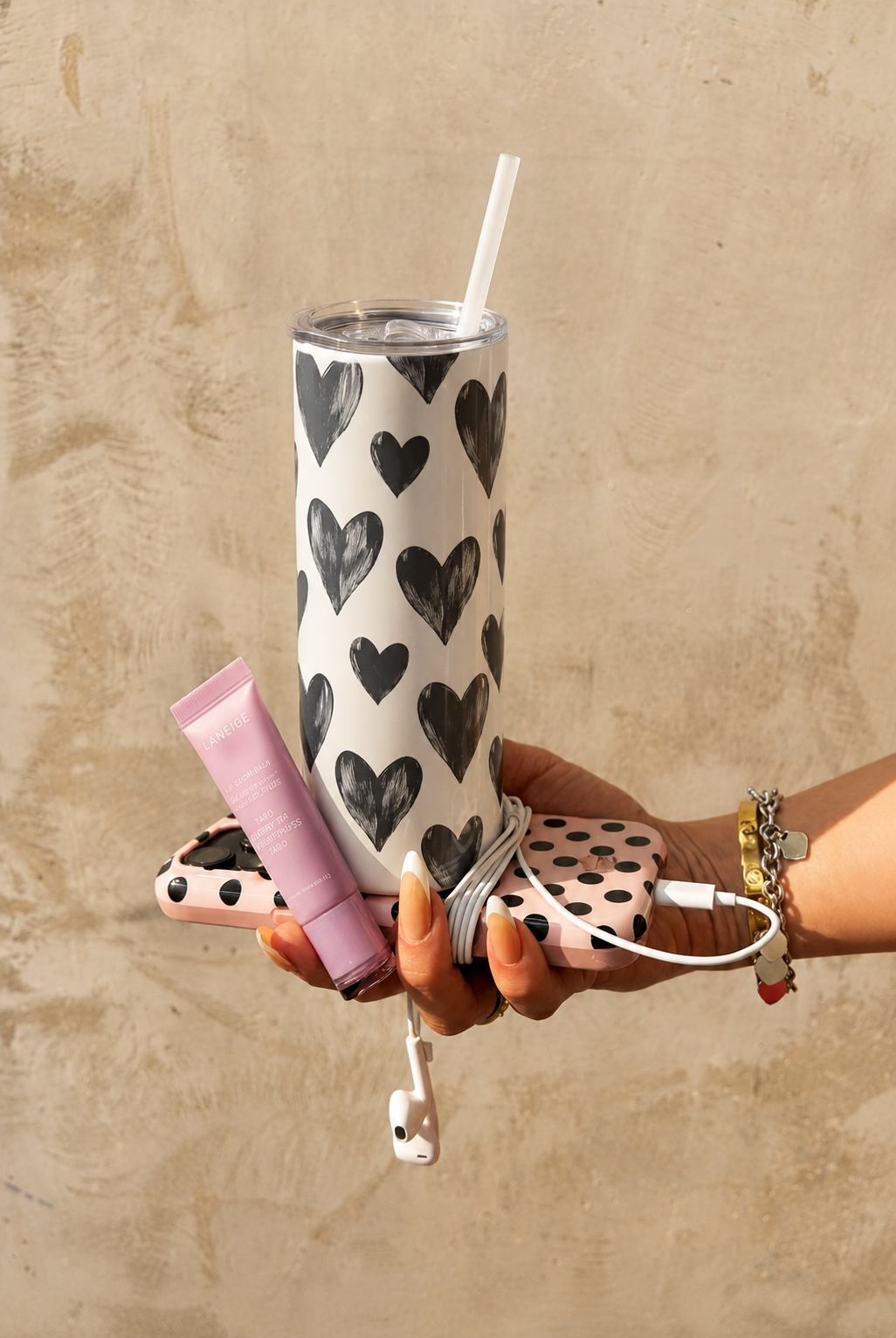 Colossal Tumbler 700ML with Straw | Bouji Black Hearts Print |Double Walled Insulated Tumbler 7-8 hrs 1219 Avenue
