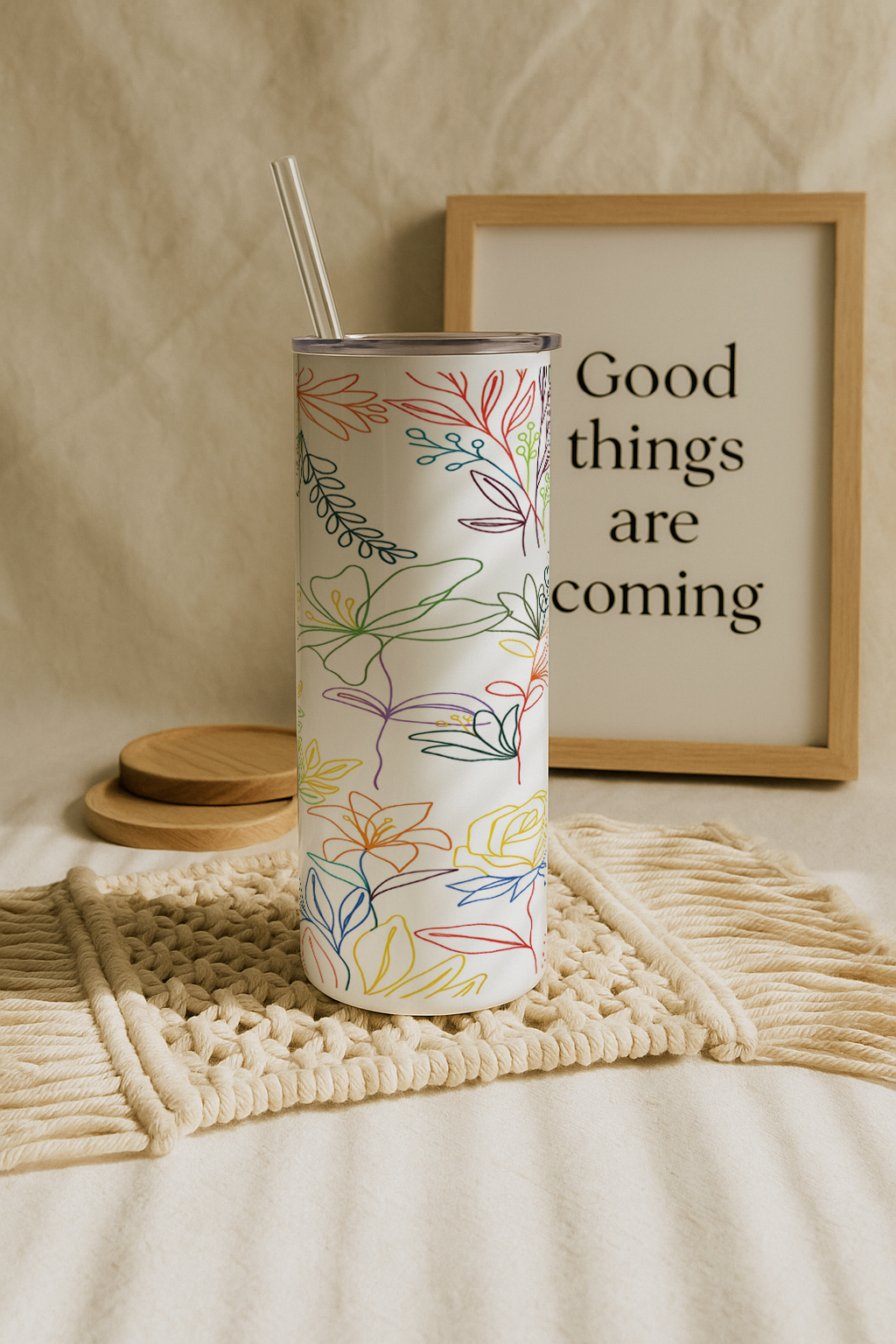 Colossal Tumbler 700ML with Straw| Floral Line Art Print |Double Walled Insulated Tumbler 7-8 hrs 1219 Avenue India