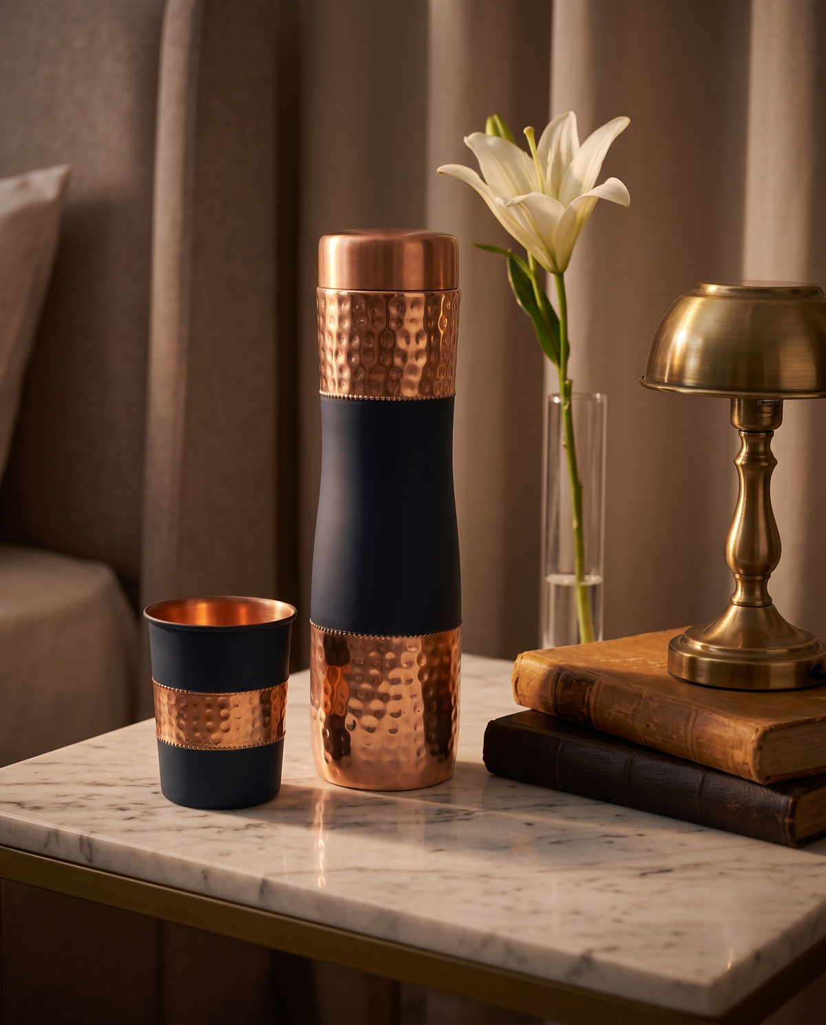 Copper DuoServe Bottle 3in1 Combo 1000ml | 99% Pure Copper Water Bottle with 2 Copper Glasses | Leakproof | Ayurvedic Copper Bottle | Hammered Finish 1219 Avenue