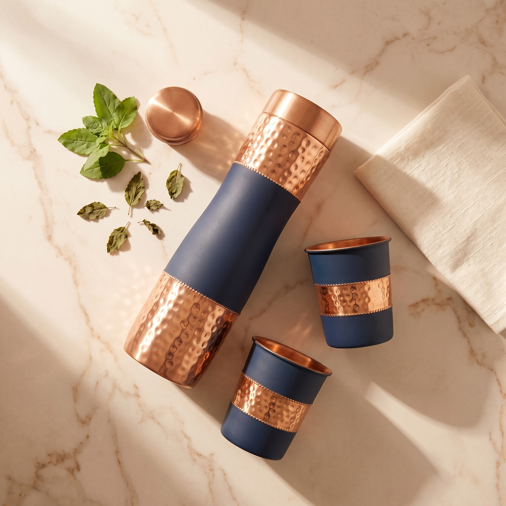 Copper DuoServe Bottle 3in1 Combo 1000ml | 99% Pure Copper Water Bottle with 2 Copper Glasses | Leakproof | Ayurvedic Copper Bottle | Hammered Finish 1219 Avenue