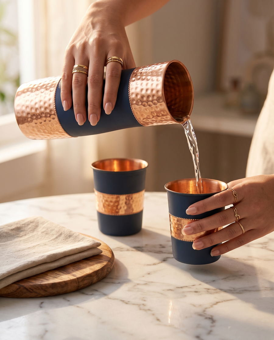 Copper DuoServe Bottle 3in1 Combo  | 99% Pure Copper Water Bottle 1000ml with 2 Copper Glasses | Leakproof | Ayurvedic Copper Bottle | Hammered Finish
